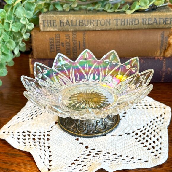 Vintage Iridescent Footed Crystal Candy Dish - Picture 3 of 13